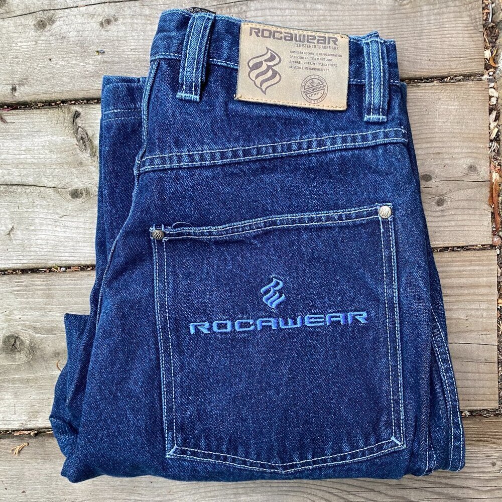 Vintage 90s Y2K Rocawear Embroidered Jeans Size 30 Blue